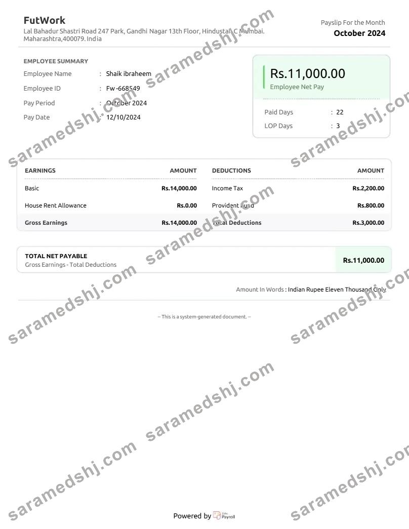 India FutWork E-commerce service company payslip template in Word and PDF formats.pdf, 1